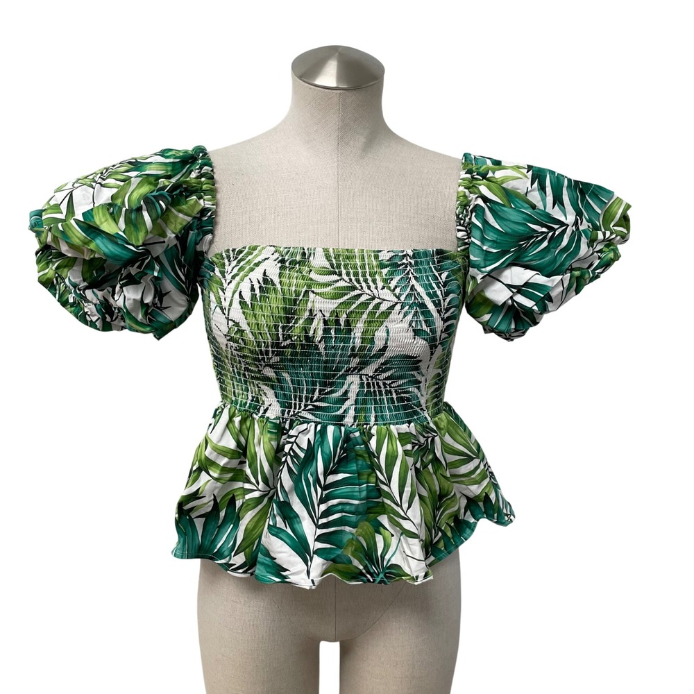 Autumn Adeigbo Peplum Top Womens Size 8 Green White Tropical Puff Sleeve Smocked